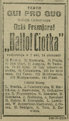 Reklama rewii "Halo! Ciotka!", Kurier Poranny nr 51 z 20. lutego 1925 r.